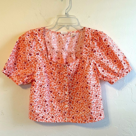 Levi’s Floral Orange Button Front Cropped Puff Sleeves Coquette Top Sz S - Picture 1 of 11